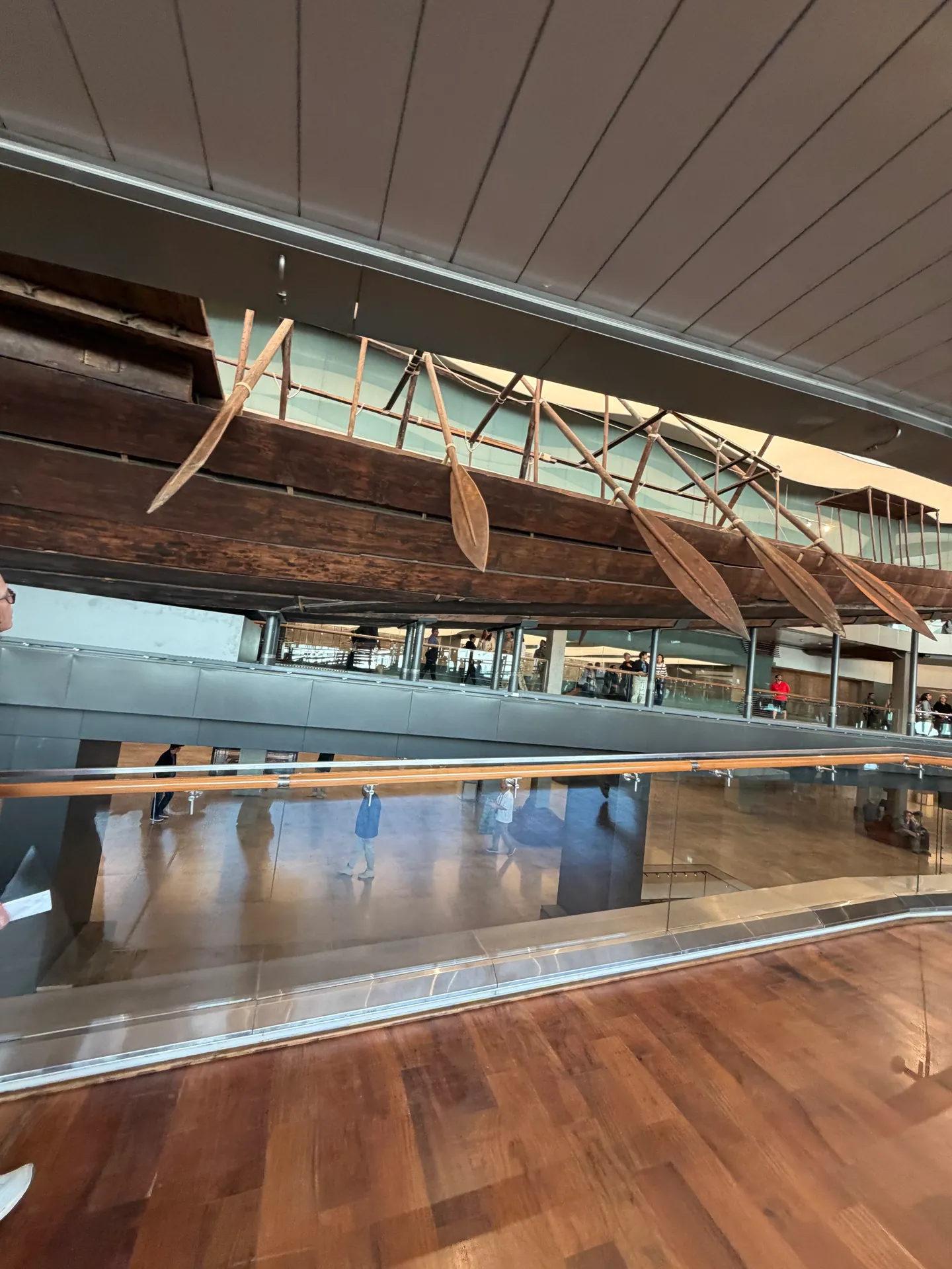 Grand Egyptian Museum lobby and suspended heritage boat