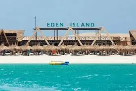 Eden Island beach entrance viewed from the turquoise sea