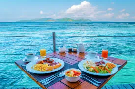 Lunch served beside the clear water at Eden Island