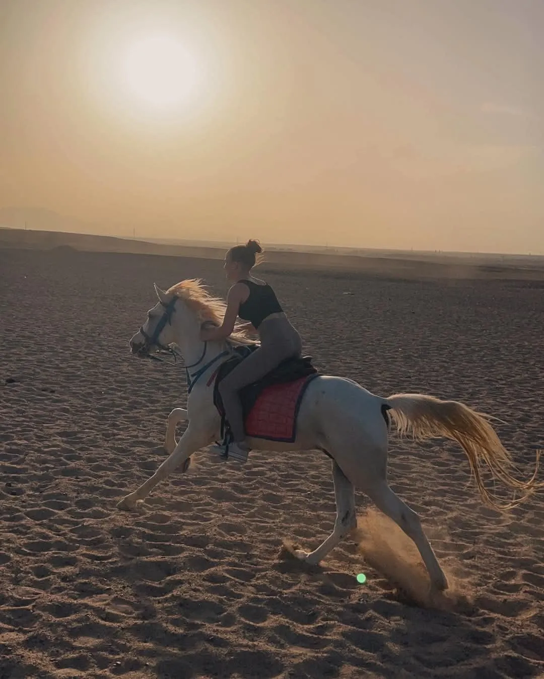 Horse rider crossing the desert in the evening sun