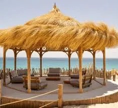 Shaded wooden lounge area on Ozirea Island