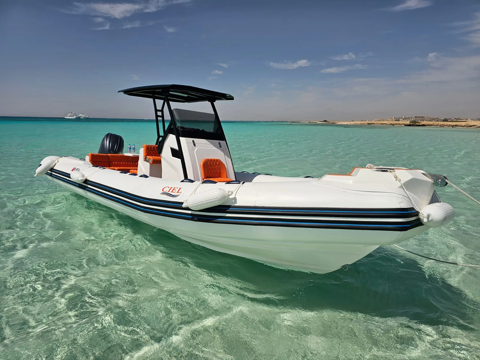 Private speed boat on clear Red Sea water