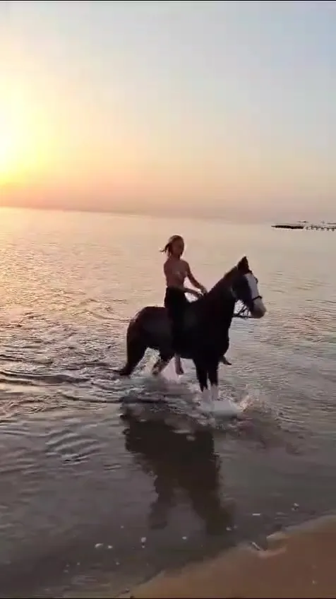 Rider entering deeper water with a horse at sunset