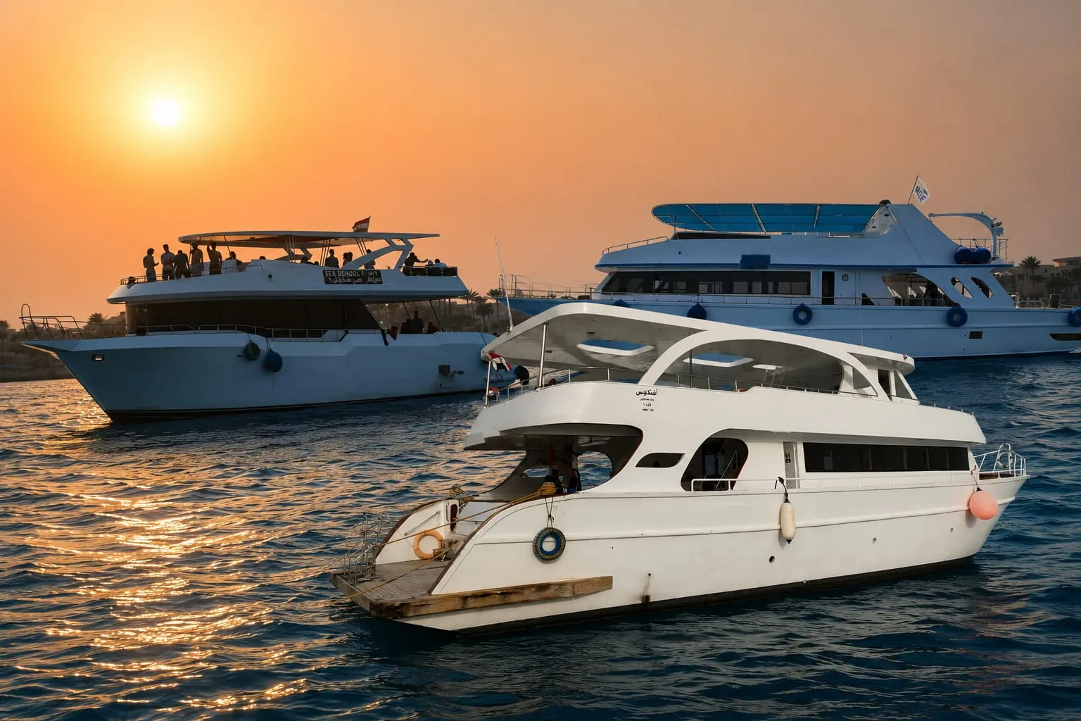 Tour boats gathering on the Red Sea at sunset